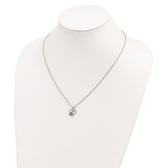 White Night White Gold Filled Sterling Silver Black & White Diamond Heart In Heart Chain & Pendant Set