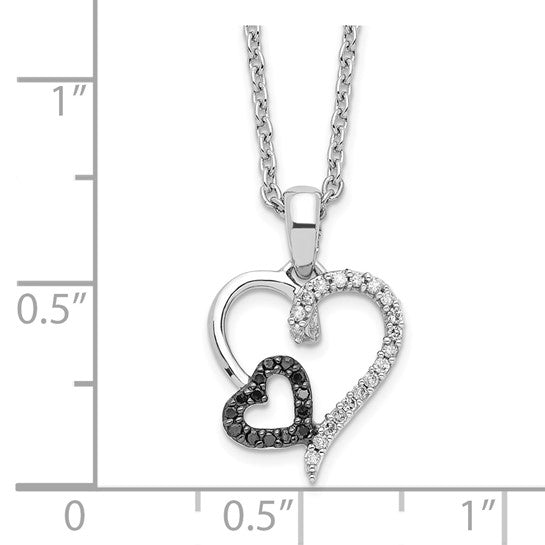 White Night White Gold Filled Sterling Silver Black & White Diamond Heart In Heart Chain & Pendant Set