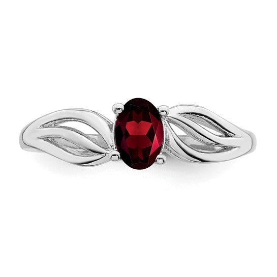 Sterling Silver Rhodium Plated Wave Band Natural Garnet Ring