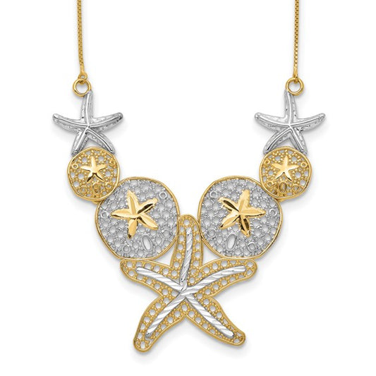 14K Yellow Gold/White Gold Two Tone Star Fish Sand Dollar Necklace & Pendant