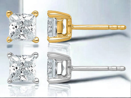 14K 11/4- 6 Carat Lab Grown Square Princess Cut Diamond Stud Earrings