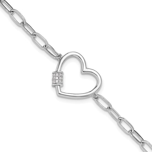 White Gold Filled Sterling Silver Paperclip Crystal Heart Bracelet