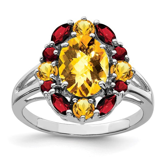 Sterling Silver White Gold Plated Citrine & Garnet Cluster Ring