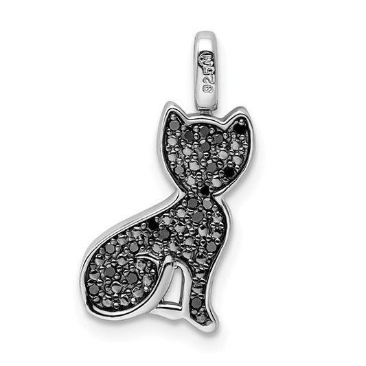White Gold Filled Sterling Silver Natural Black Diamond Reversible Pet Cat Pendant