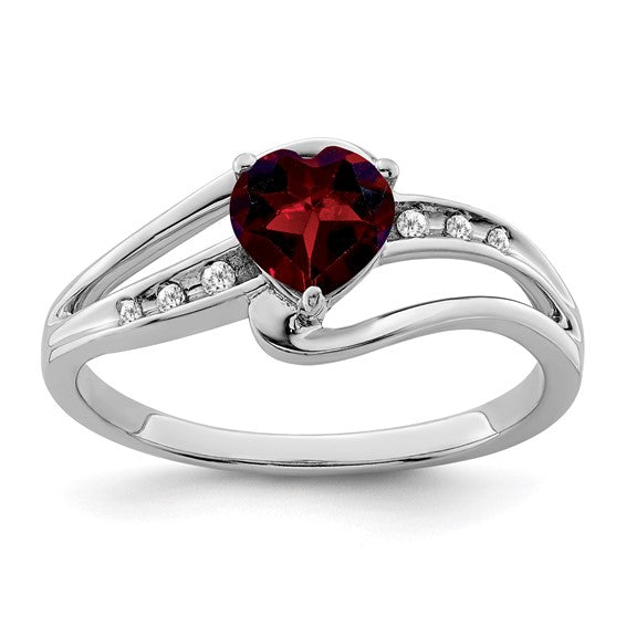 Sterling Silver Rhodium Plated Heart Natural Garnet & Diamond Center Ring