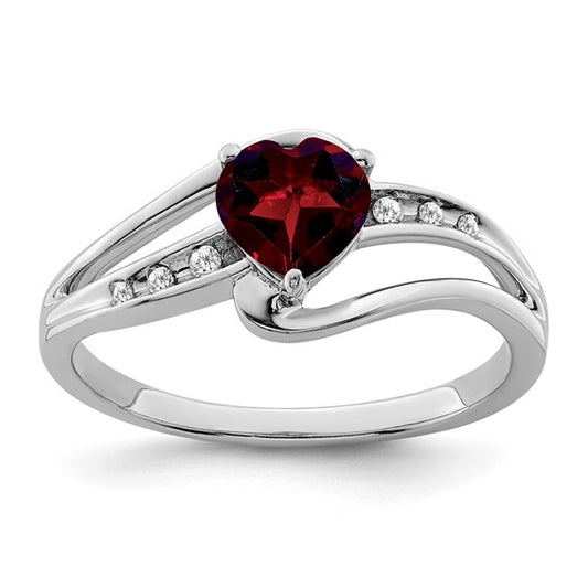 Sterling Silver Rhodium Plated Heart Natural Garnet & Diamond Center Ring