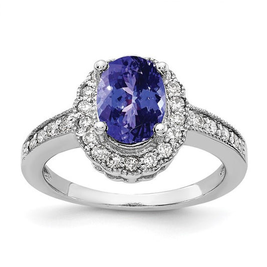 14K White Gold 1.3 Carat Center Oval Natural Tanzanite Diamond Halo Ring