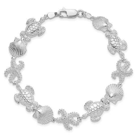 Sterling Silver Rhodium Plated Sea Life Shell, Turtle, And Star Fish Bracelet