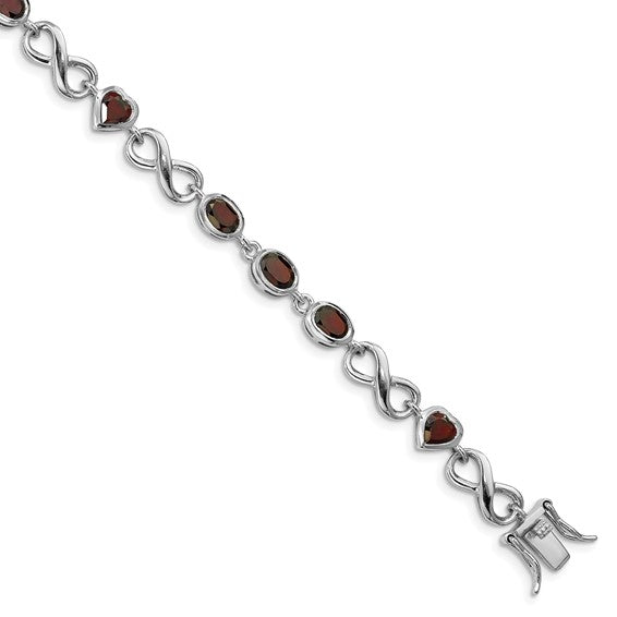 Sterling Silver White Gold Heart/Oval Cut Natural Garnet Heart & Infinity Bracelet