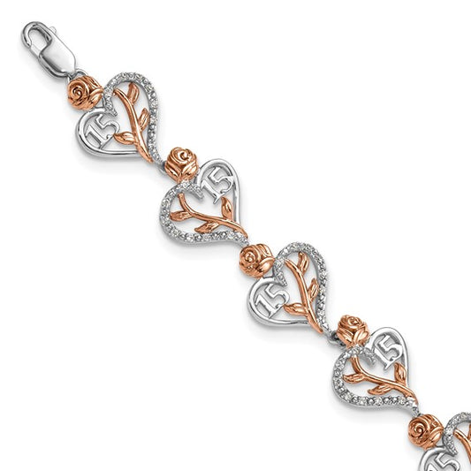 14K Rose/White Gold Two Tone Quinceanera 15 Diamond Bracelet 1.38ct.