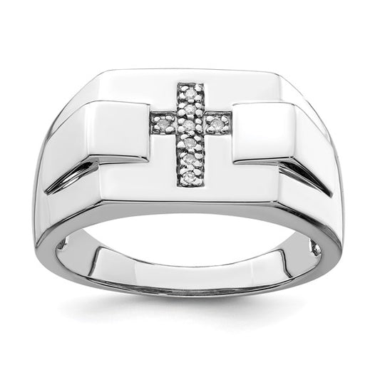 White Gold Filled Sterling Silver Diamond Cross Men's Ring