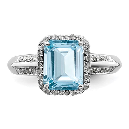 White Gold Filled Sterling Silver 3 Carat Emerald Cut Blue Topaz & Diamond Ring
