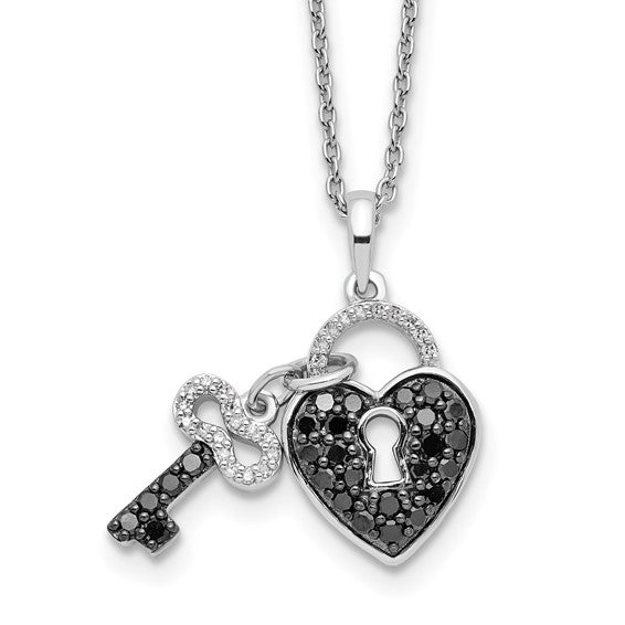White Night White Gold Filled Sterling Silver Black & White Diamond Heart & Key Chain & Pendant Set