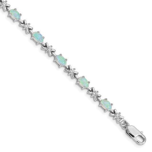 Sterling Silver White Gold Plated X Style Bracelet With Lab Created Opal