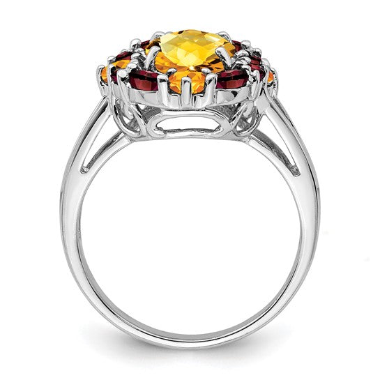 Sterling Silver White Gold Plated Citrine & Garnet Cluster Ring