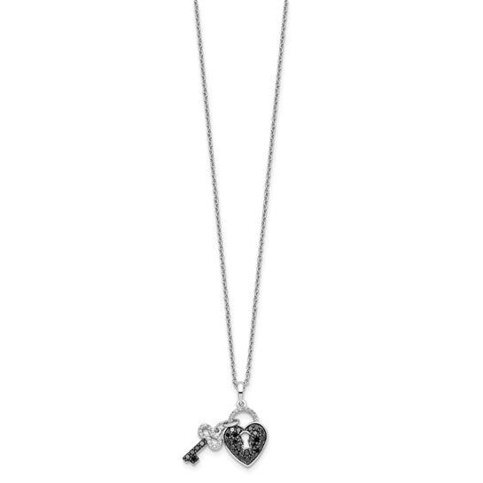 White Night White Gold Filled Sterling Silver Black & White Diamond Heart & Key Chain & Pendant Set