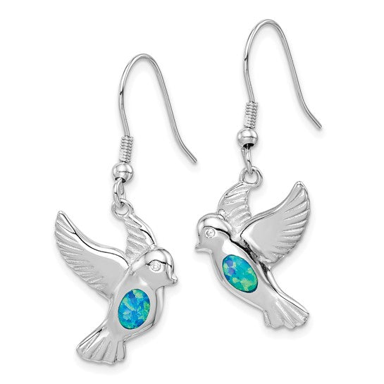 Sterling Silver While Gold Plated Dove Lad Created Blue Opal Earrings
