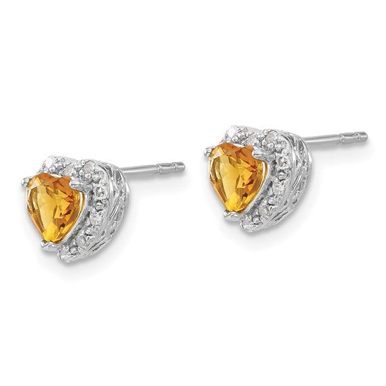 Sterling Silver White Gold Plated Natural Citrine Heart Shaped Halo Earrings