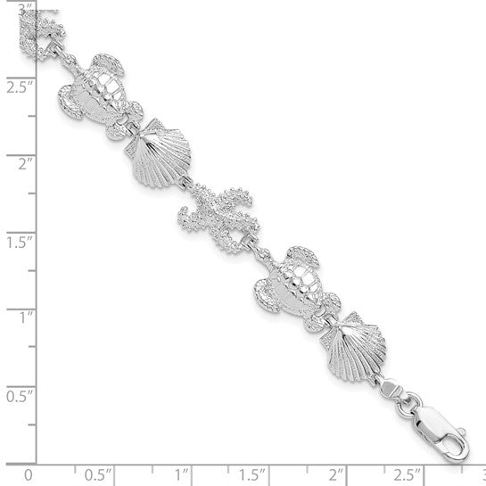 Sterling Silver Rhodium Plated Sea Life Shell, Turtle, And Star Fish Bracelet