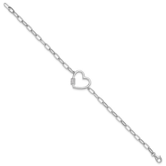 White Gold Filled Sterling Silver Paperclip Crystal Heart Bracelet
