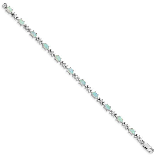 Sterling Silver White Gold Plated X Style Bracelet With Lab Created Opal