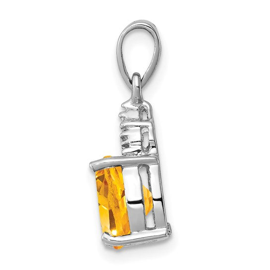 Sterling Silver White Gold Plated Natural Citrine & Diamond Square Stone Pendant