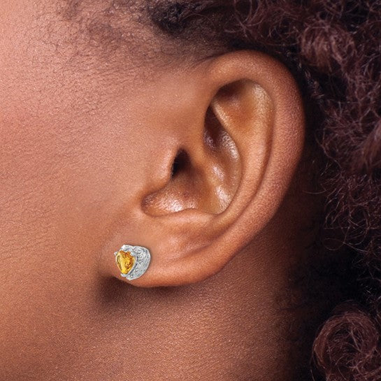 Sterling Silver White Gold Plated Natural Citrine Heart Shaped Halo Earrings