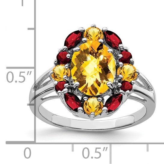 Sterling Silver White Gold Plated Citrine & Garnet Cluster Ring