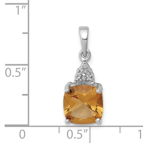 Sterling Silver White Gold Plated Natural Citrine & Diamond Square Stone Pendant