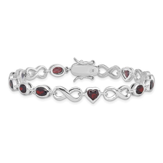 Sterling Silver White Gold Heart/Oval Cut Natural Garnet Heart & Infinity Bracelet