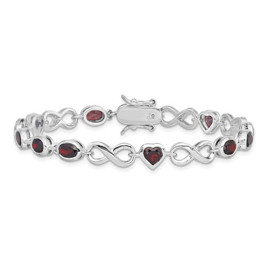Sterling Silver White Gold Heart/Oval Cut Natural Garnet Heart & Infinity Bracelet