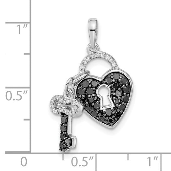 White Night White Gold Filled Sterling Silver Black & White Diamond Heart & Key Chain & Pendant Set