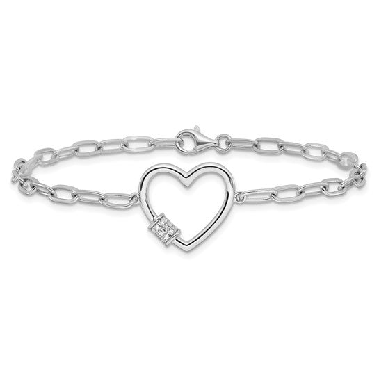 White Gold Filled Sterling Silver Paperclip Crystal Heart Bracelet