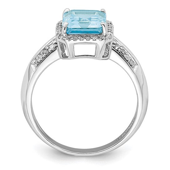 White Gold Filled Sterling Silver 3 Carat Emerald Cut Blue Topaz & Diamond Ring