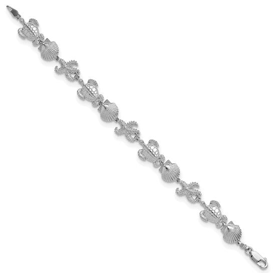 Sterling Silver Rhodium Plated Sea Life Shell, Turtle, And Star Fish Bracelet