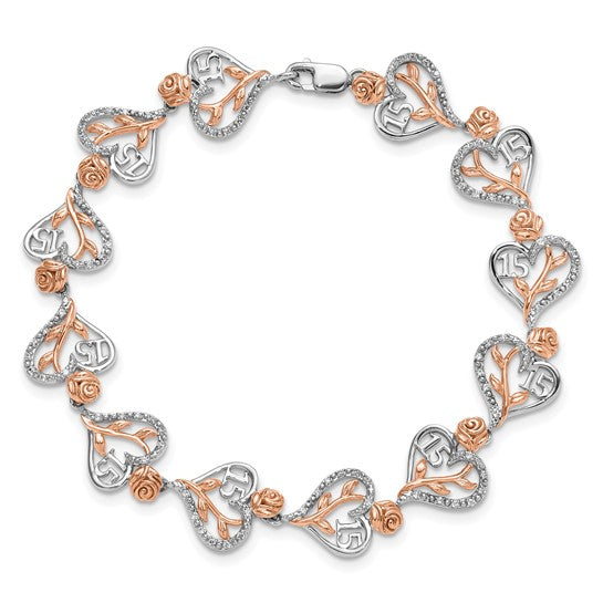 14K Rose/White Gold Two Tone Quinceanera 15 Diamond Bracelet 1.38ct.