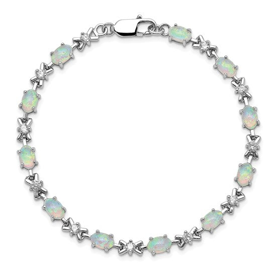 Sterling Silver White Gold Plated X Style Bracelet With Lab Created Opal