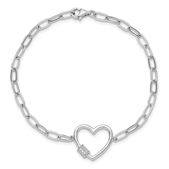 White Gold Filled Sterling Silver Paperclip Crystal Heart Bracelet