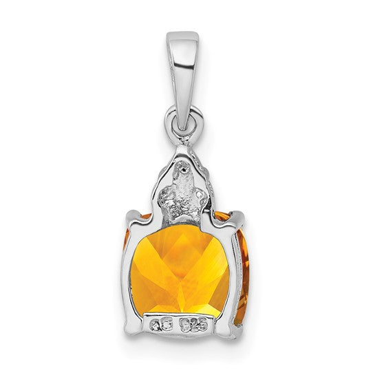 Sterling Silver White Gold Plated Natural Citrine & Diamond Square Stone Pendant