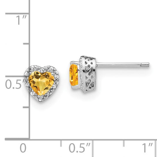 Sterling Silver White Gold Plated Natural Citrine Heart Shaped Halo Earrings