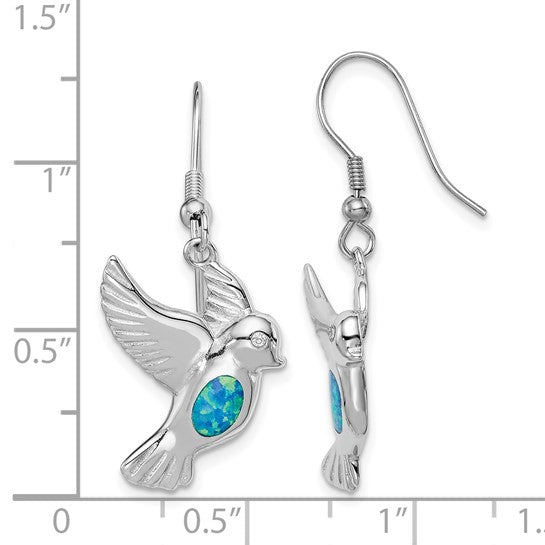 Sterling Silver While Gold Plated Dove Lad Created Blue Opal Earrings
