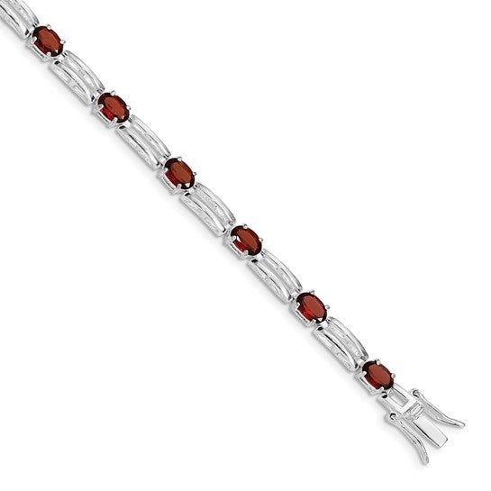 Sterling Silver White Gold Natural Garnet Link Line Bracelet