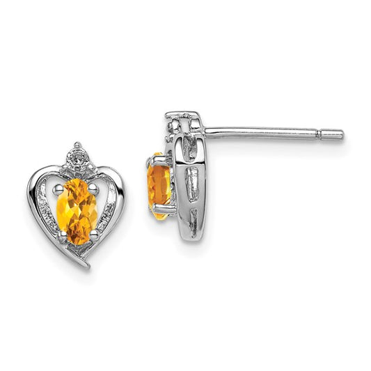 Sterling Silver White Gold Plated Victorian Style Natural Citrine & Diamond Heart Pendant