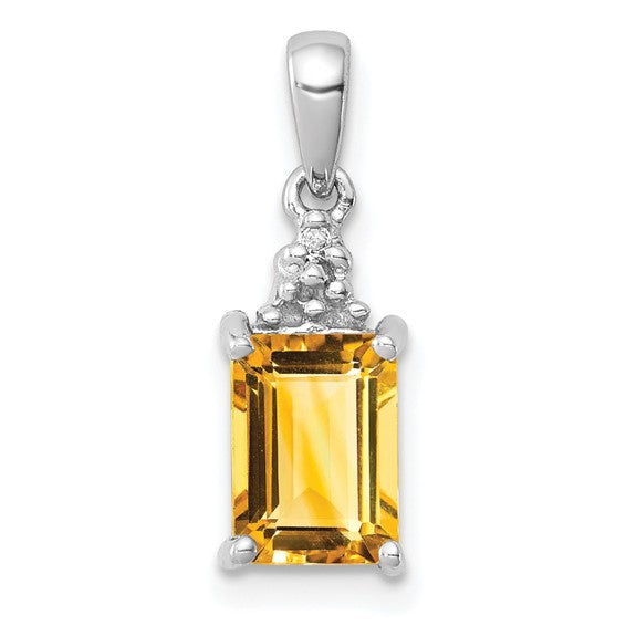 Sterling Silver White Gold Plated Emerald Cut Natural Citrine & Diamond Pendant