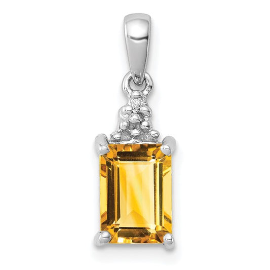 Sterling Silver White Gold Plated Emerald Cut Natural Citrine & Diamond Pendant