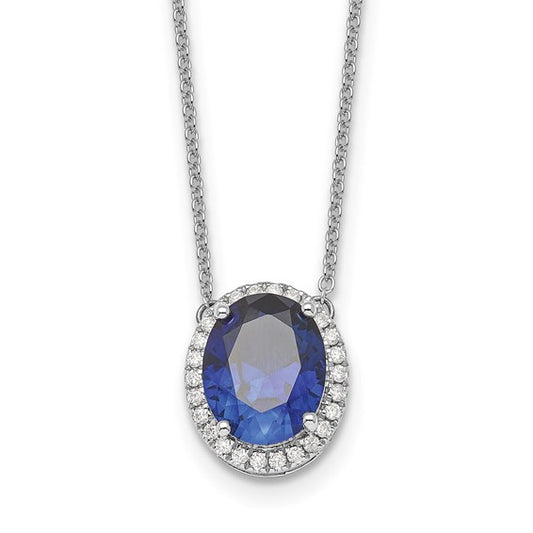 14K White Gold Oval Sapphire & Diamond Necklace With Pendant
