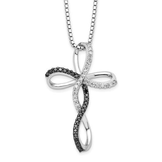 White Night White Gold Filled Sterling Silver Black & White Diamond Twist Cross Chain & Pendant Set