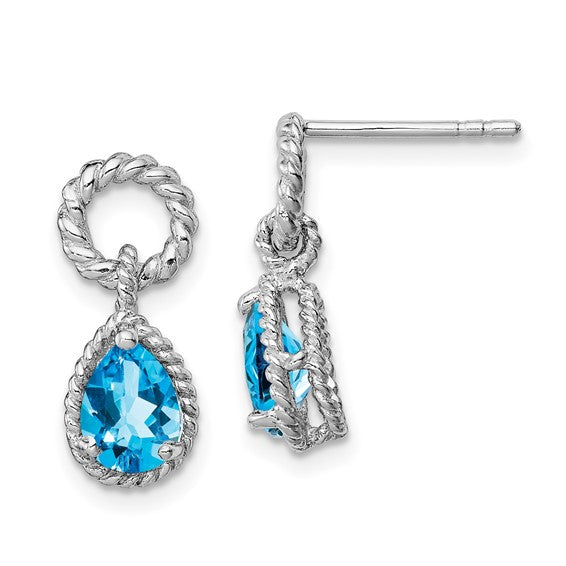 White Gold Filled Sterling Silver Twisted Rope Blue Topaz Earrings