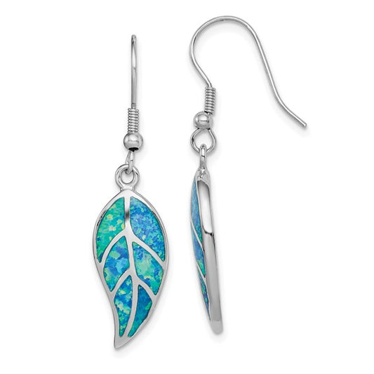Sterling Silver White Gold Plated Drop Leaf Earrings Lab Created Blue Opal