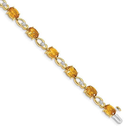 14K Yellow Gold Natural Citrine & Diamond Fancy Link Oval Bracelet